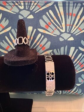 Pretty Bird Silver-Tone Floral Pavé Bracelet and Geometric Link Ring Set